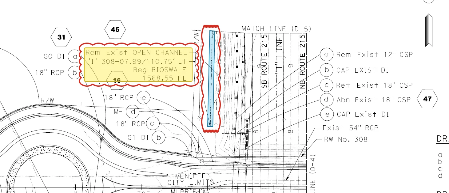 I-215 / Keller Interchange sheet D-3 excerpt: Bioswale 45 shaded blue with its beginning flow-line callout highlighted yellow and review clouds