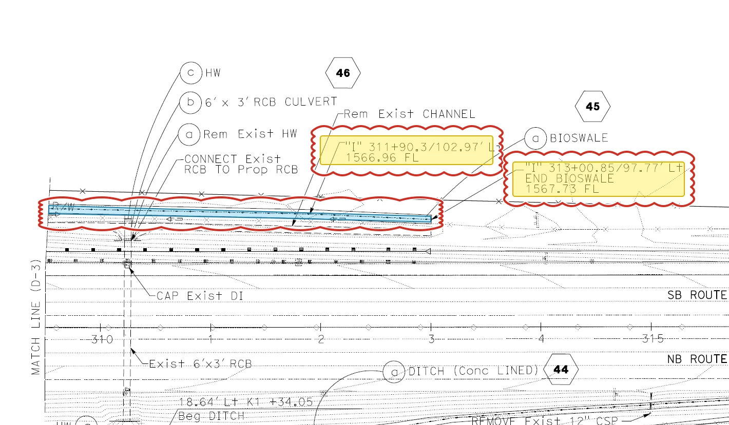 I-215 / Keller Interchange sheet D-5 excerpt: Bioswale 45 shaded blue around the dashed flow line, two flow-line callouts highlighted yellow and review clouds